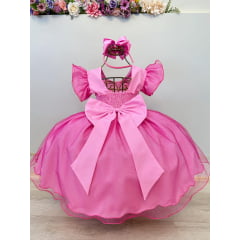 Vestido Infantil Rosa Minnie Saia C/ Glitter Festas