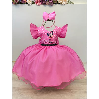 Vestido Infantil Rosa Minnie Saia C/ Glitter Festas