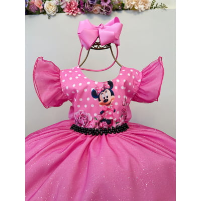 Vestido Infantil Rosa Minnie Saia C/ Glitter Festas