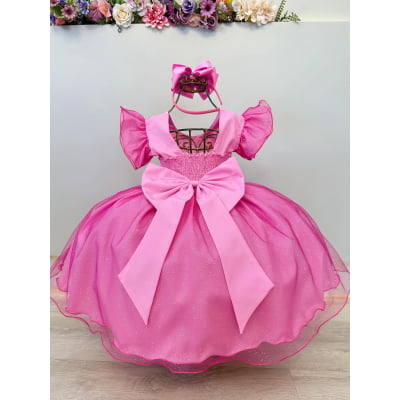 Vestido Infantil Rosa Minnie Saia C/ Glitter Festas