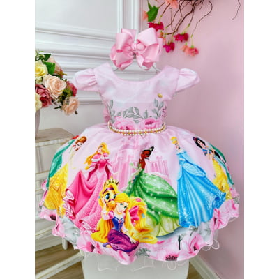 Vestido Infantil Rosa Pérolas Princesas Floral Castelo Luxo