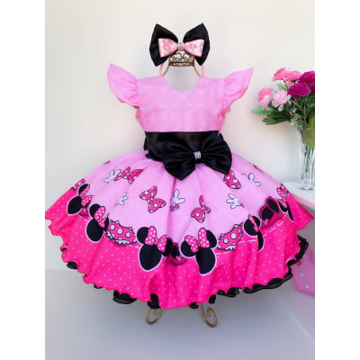 Vestido Infantil Rosa Preto Luxo Festas com Tiara