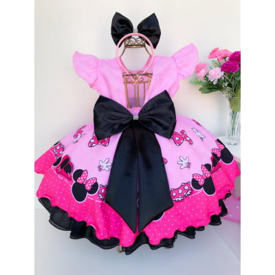 Vestido Infantil Rosa Preto Luxo Festas com Tiara