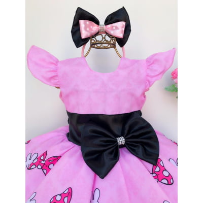Vestido Infantil Rosa Preto Luxo Festas com Tiara