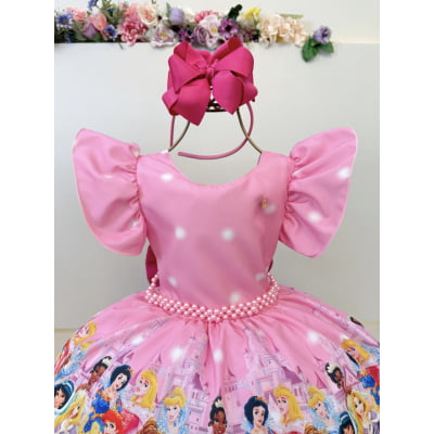 Vestido Infantil Rosa Princesas Festas C/ Pérolas
