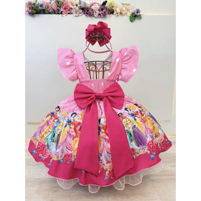 Vestido Infantil Rosa Princesas Festas C/ Pérolas