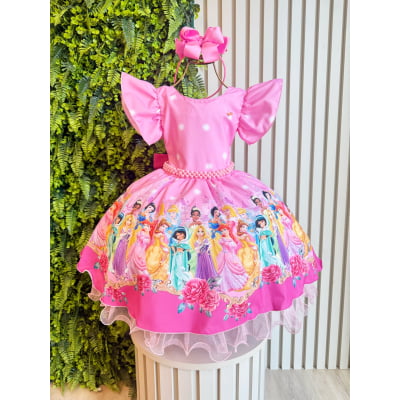 Vestido Infantil Rosa Princesas Festas C/ Pérolas