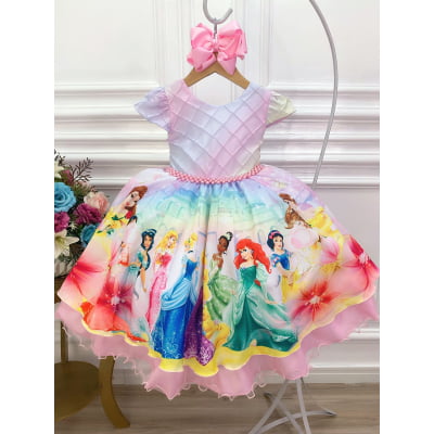 Vestido Infantil Rosa Princesas Peito Nervura Cinto Pérolas