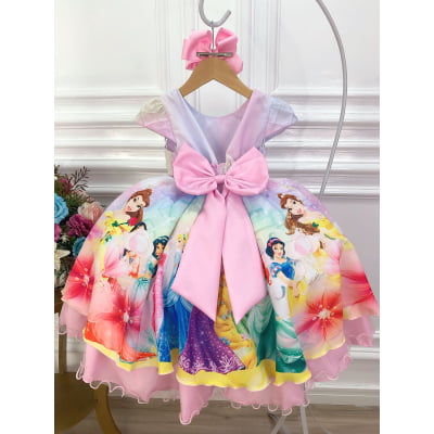 Vestido Infantil Rosa Princesas Peito Nervura Cinto Pérolas