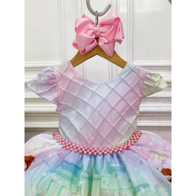 Vestido Infantil Rosa Princesas Peito Nervura Cinto Pérolas