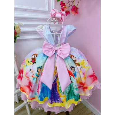 Vestido Infantil Rosa Princesas Peito Nervura Cinto Pérolas