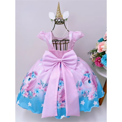 Vestido Infantil Rosa Unicórnio Com Laço Strass