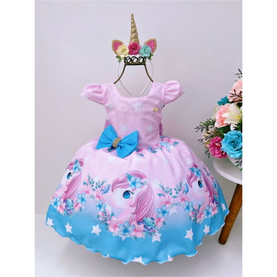 Vestido Infantil Rosa Unicórnio Com Laço Strass
