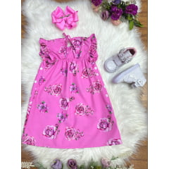 Vestido Infantil Trapézio da Minnie Rosa Manga Flu-Flu