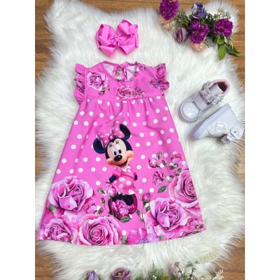 Vestido Infantil Trapézio da Minnie Rosa Manga Flu-Flu