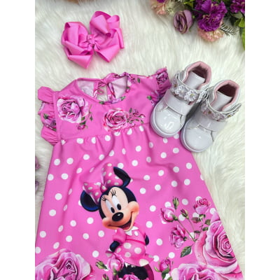 Vestido Infantil Trapézio da Minnie Rosa Manga Flu-Flu