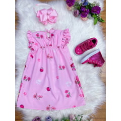 Vestido Infantil Trapézio da Patrulha Canina Sky Rosa Manga Flu-Flu