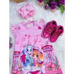 Vestido Infantil Trapézio da Patrulha Canina Sky Rosa Manga Flu-Flu