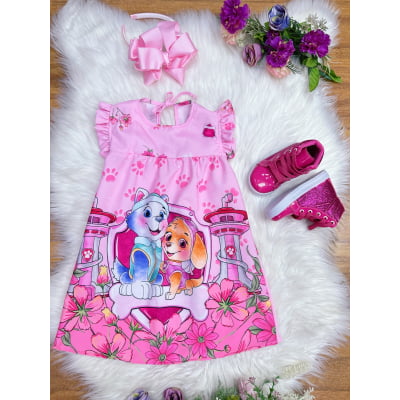 Vestido Infantil Trapézio da Patrulha Canina Sky Rosa Manga Flu-Flu