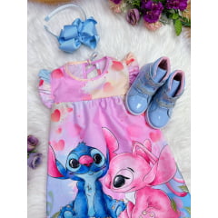 Vestido Infantil Trapézio Lilo Stitch e Angel Rosa Manga Flu-Flu