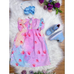 Vestido Infantil Trapézio Lilo Stitch e Angel Rosa Manga Flu-Flu