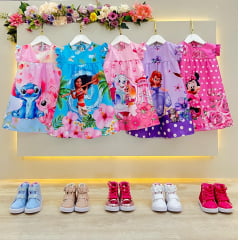 Vestido Infantil Trapézio Lilo Stitch e Angel Rosa Manga Flu-Flu