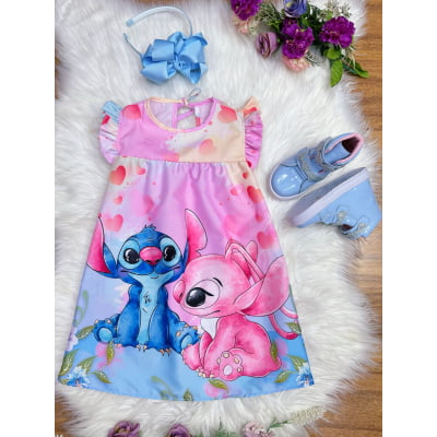 Vestido Infantil Trapézio Lilo Stitch e Angel Rosa Manga Flu-Flu