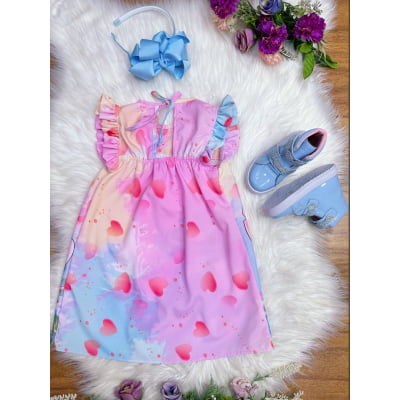 Vestido Infantil Trapézio Lilo Stitch e Angel Rosa Manga Flu-Flu