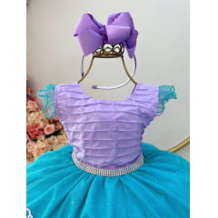 Vestido Infantil Ariel Apliques Fundo do Mar e Busto Plissado