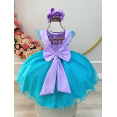 Vestido Infantil Ariel Apliques Fundo do Mar e Busto Plissado