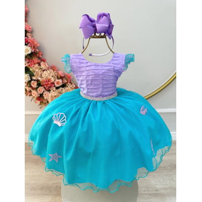 Vestido Infantil Ariel Apliques Fundo do Mar e Busto Plissado