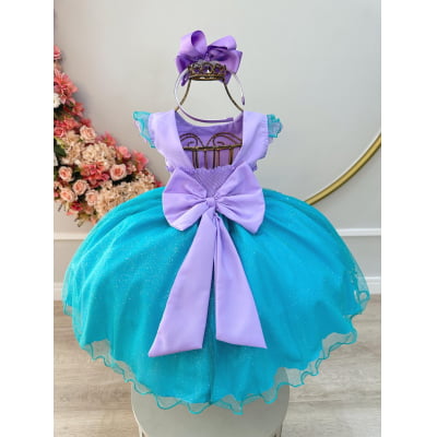 Vestido Infantil Ariel Apliques Fundo do Mar e Busto Plissado