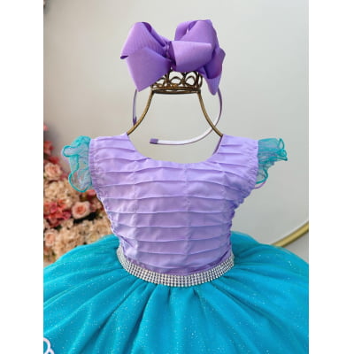 Vestido Infantil Ariel Apliques Fundo do Mar e Busto Plissado