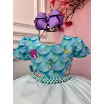 Vestido Infantil Fundo do Mar Luxo C/ Pérolas Festas