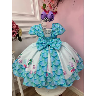 Vestido Infantil Fundo do Mar Luxo C/ Pérolas Festas