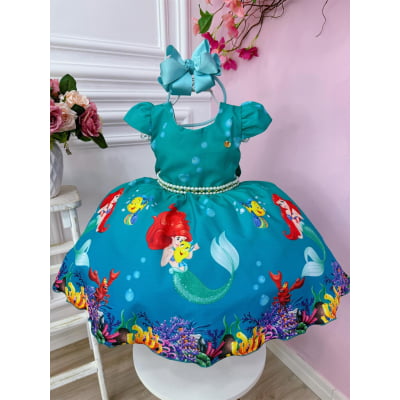 Vestido Infantil Pequena Sereia Ariel Verde C/ Pérolas