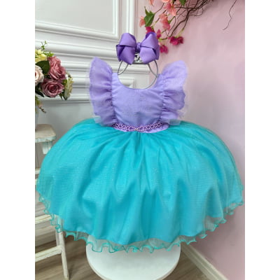 Vestido Infantil Pequena Sereia Ariel Busto C/ Strass Babados