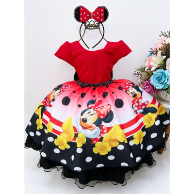 Vestido Infantil Minnie Vermelha Bolas Cinto e Pérolas Luxo Vestido Infantil Minnie Vermelha Bolas Cinto e Pérolas Luxo