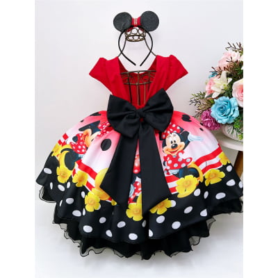 Vestido Infantil Minnie Vermelha Bolas Cinto e Pérolas Luxo