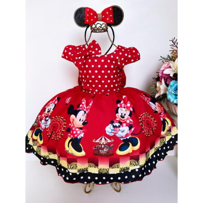 Vestido Infantil Minnie Vermelha Bolinhas Brancas Com Laço