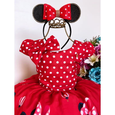 Vestido Infantil Minnie Vermelha Bolinhas Brancas Com Laço