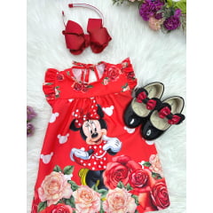 Vestido Infantil Trapézio da Minnie Vermelha Manga Flu-Flu