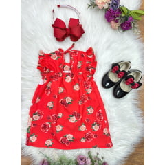Vestido Infantil Trapézio da Minnie Vermelha Manga Flu-Flu