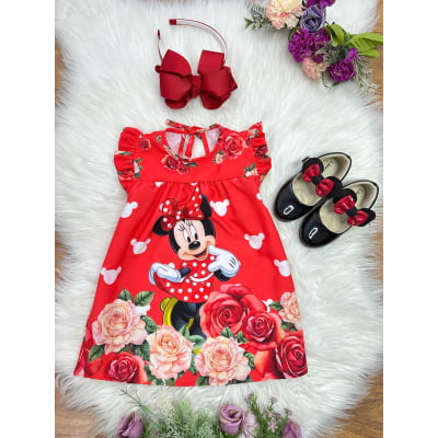 Vestido Infantil Trapézio da Minnie Vermelha Manga Flu-Flu