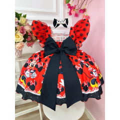 Vestido Infantil Vermelha Minnie Bolinhas Pretas C/ Laço Luxo