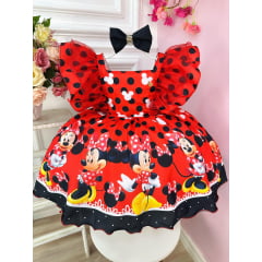 Vestido Infantil Vermelha Minnie Bolinhas Pretas C/ Laço Luxo