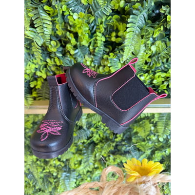 Botinha Infantil Jequinha Junina Caipira Preta Pink Bordada