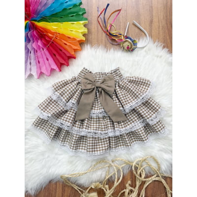 Saia Meninas Junino Arraiá Festas Bege Xadrez