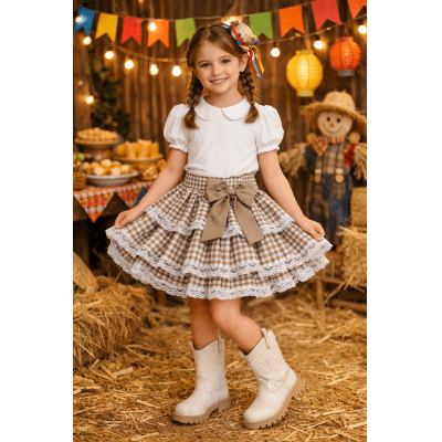 Saia Junina Arraiá Festas Bege Xadrez