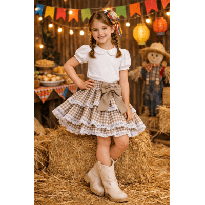 Saia Junina Arraiá Festas Bege Xadrez